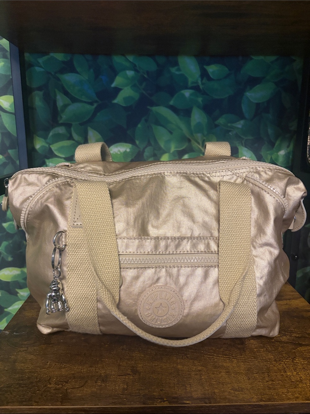 Kipling Metallic Beige Women's Tote Bag with Charm
